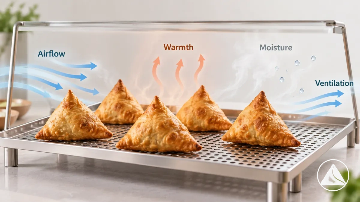 Servis öncesi hava akışı ve sınırlı örtme ile aralıklı tutulan pişmiş samosalar